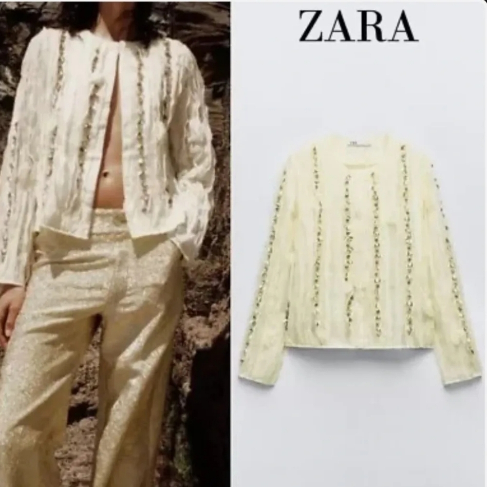 NEW ZARA Cream Ecru Embellished Jacket Size Large